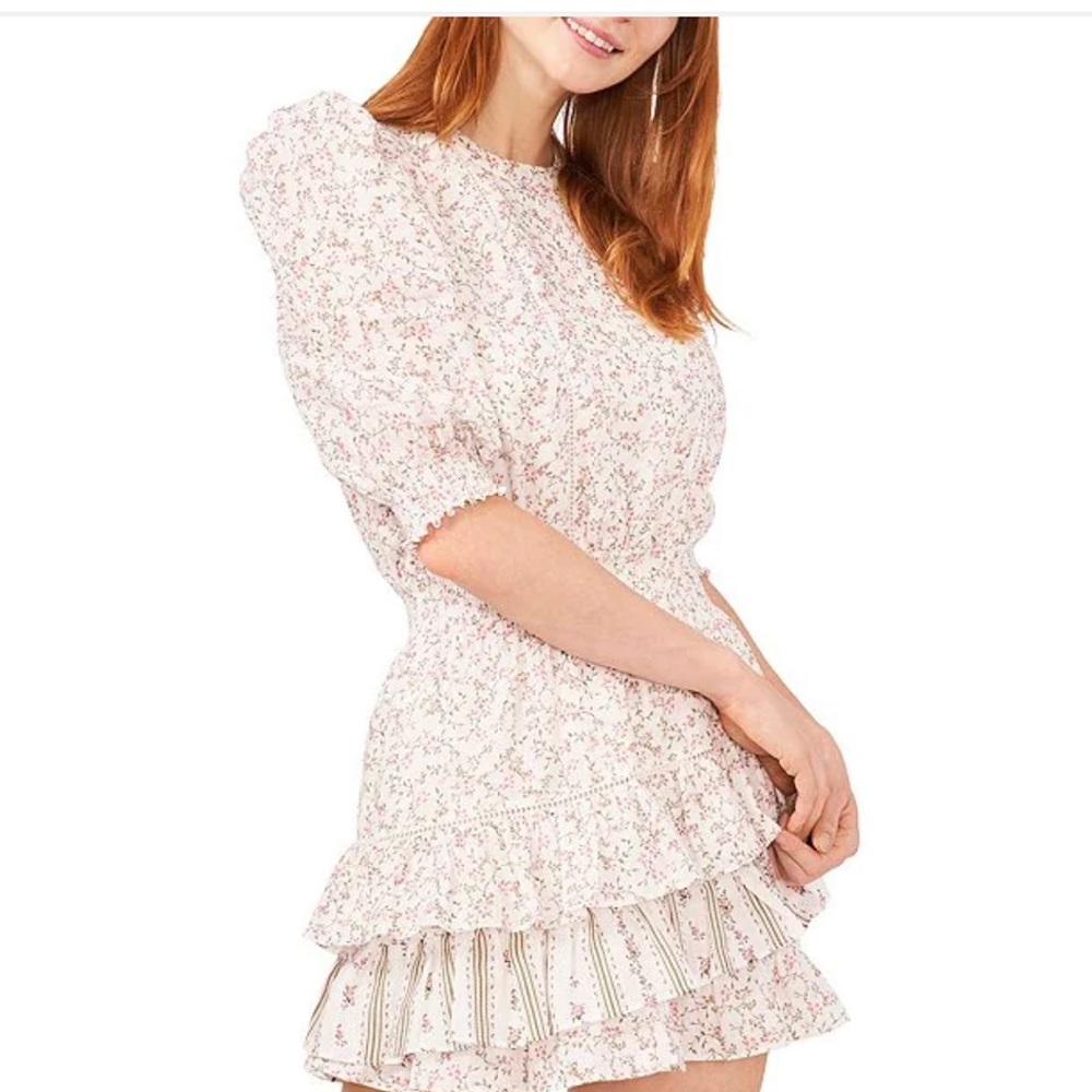 Smocked Ruffle Ditsy Floral Print Crew Neck Puff Short Sleeve Mini Dress